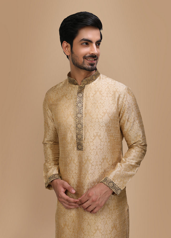 alt message - Manyavar Men Beige Jacquard Kurta Set image number 0